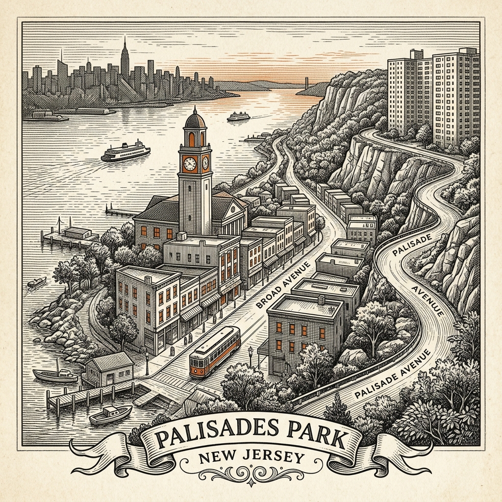 Engraved Palisades Park NJ city illustration – Official Translations certified translation services from $29.95 per page