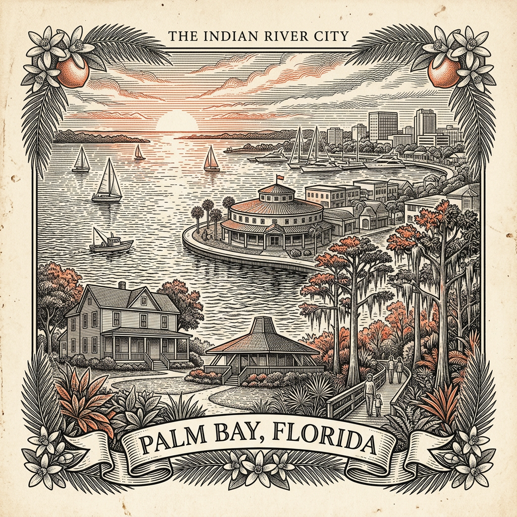 Engraved Palm Bay FL city illustration – Official Translations certified translation services from $29.95 per page