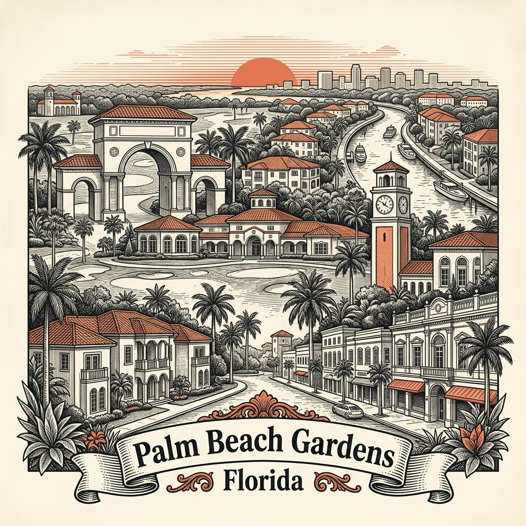 Engraved Palm Beach Gardens FL city illustration – Official Translations certified translation services from $29.95 per page