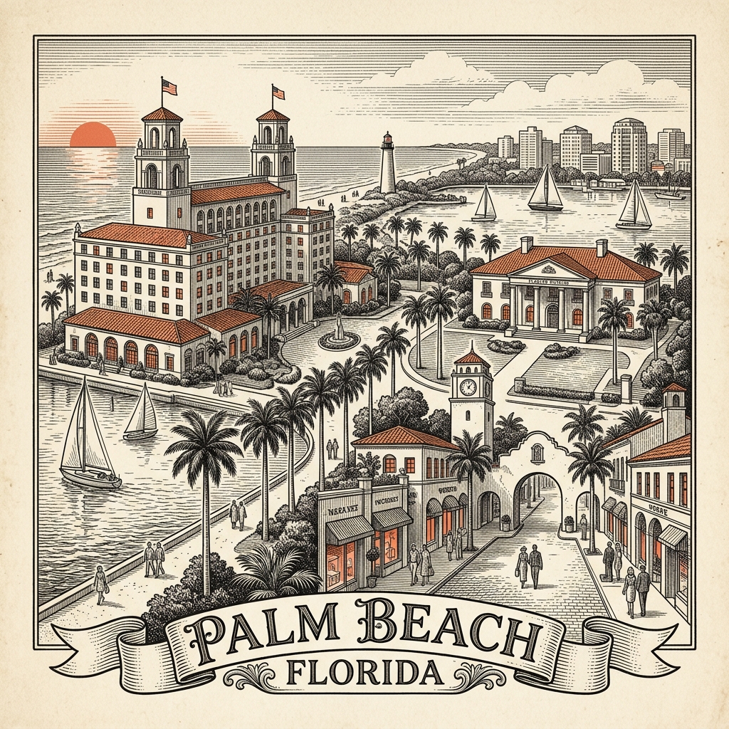 Engraved Palm Beach FL city illustration – Official Translations certified translation services from $29.95 per page