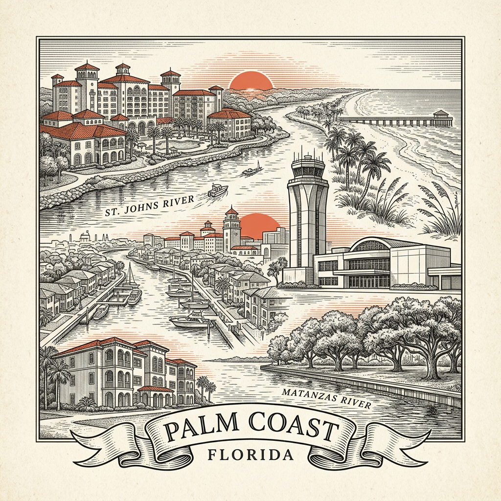Engraved Palm Coast FL city illustration – Official Translations certified translation services from $29.95 per page