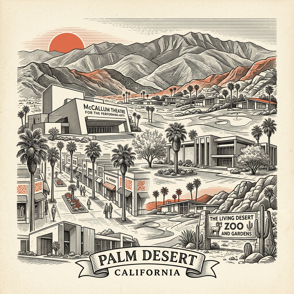 Engraved Palm Desert CA city illustration – Official Translations certified translation services from $29.95 per page
