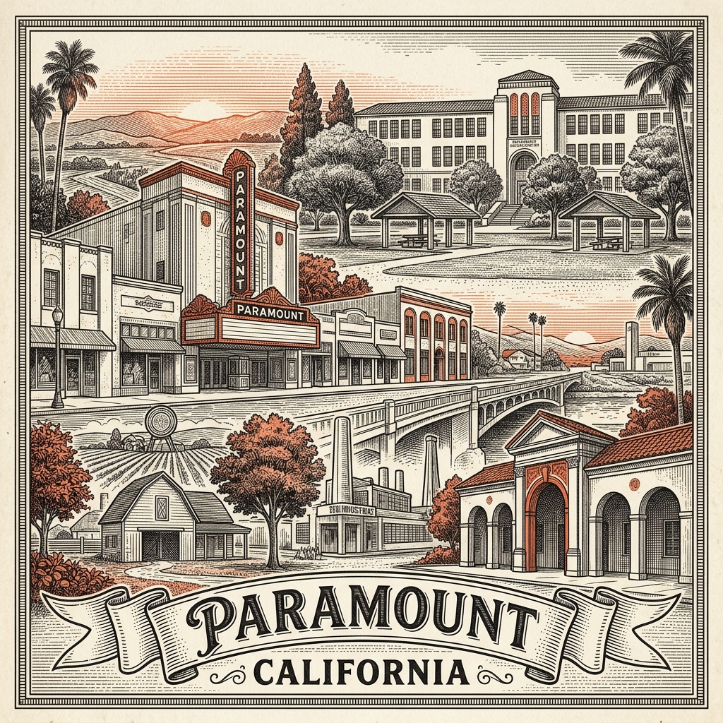 Engraved Paramount CA city illustration – Official Translations certified translation services from $29.95 per page