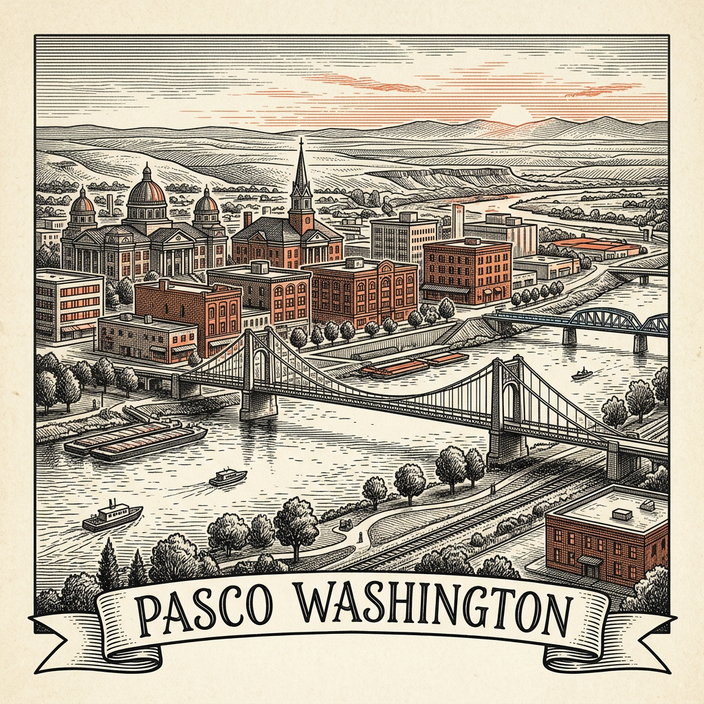 Engraved Pasco WA city illustration – Official Translations certified translation services from $29.95 per page