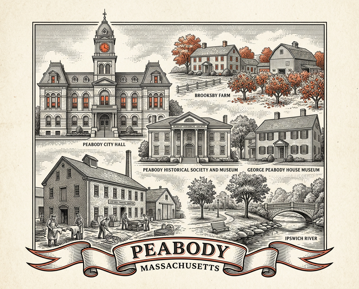 Engraved Peabody MA city illustration – Official Translations certified translation services from $29.95 per page