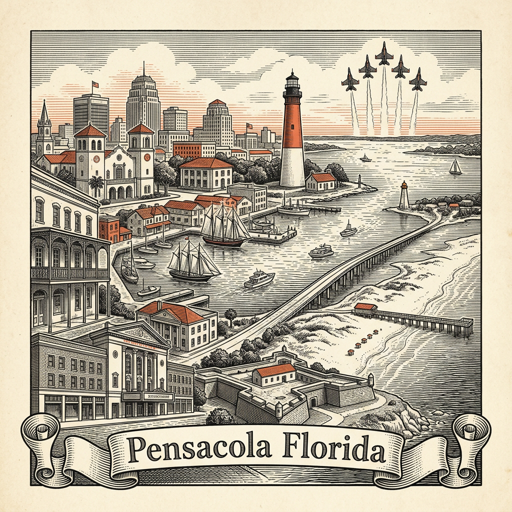 Engraved Pensacola FL city illustration – Official Translations certified translation services from $29.95 per page