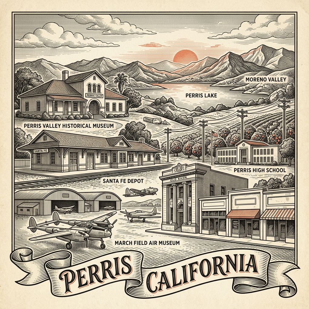 Engraved Perris CA city illustration – Official Translations certified translation services from $29.95 per page