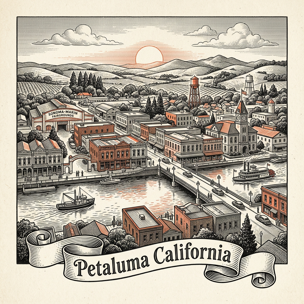 Engraved Petaluma CA city illustration – Official Translations certified translation services from $29.95 per page