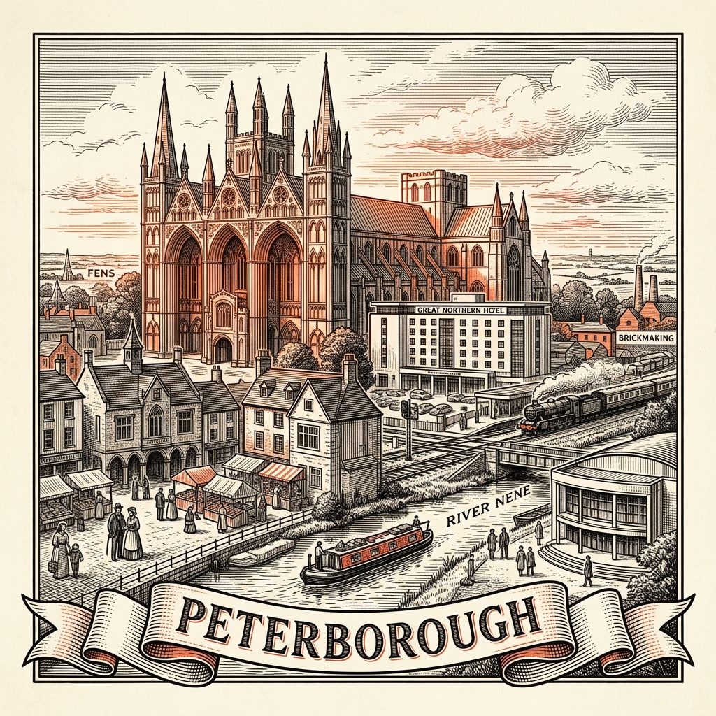 Engraved Peterborough England city illustration – Peterborough Cathedral, River Nene, Peterborough Town Hall, Burghley House nearby, Nene Valley Railway – Official Translations certified translation services from £29.95 per page