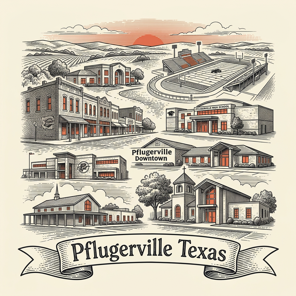 Engraved Pflugerville TX city illustration – Official Translations certified translation services from $29.95 per page