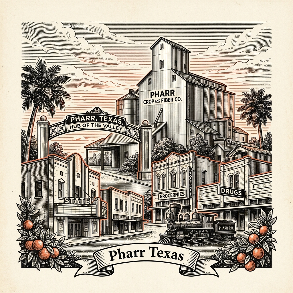Engraved Pharr TX city illustration – Official Translations certified translation services from $29.95 per page