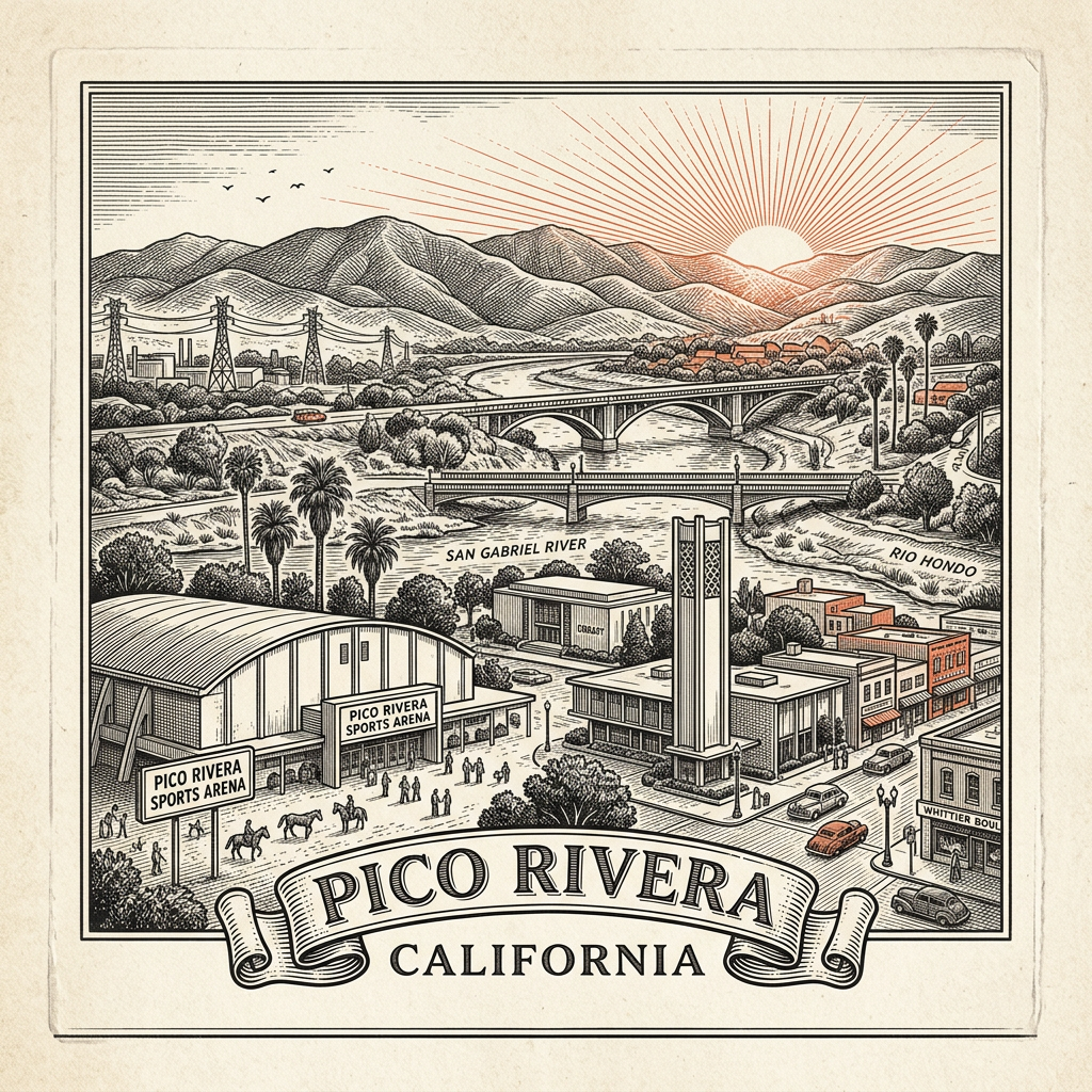 Engraved Pico Rivera CA city illustration – Official Translations certified translation services from $29.95 per page