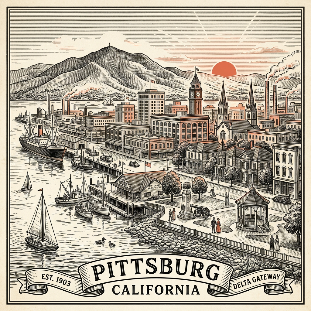 Engraved Pittsburg CA city illustration – Official Translations certified translation services from $29.95 per page