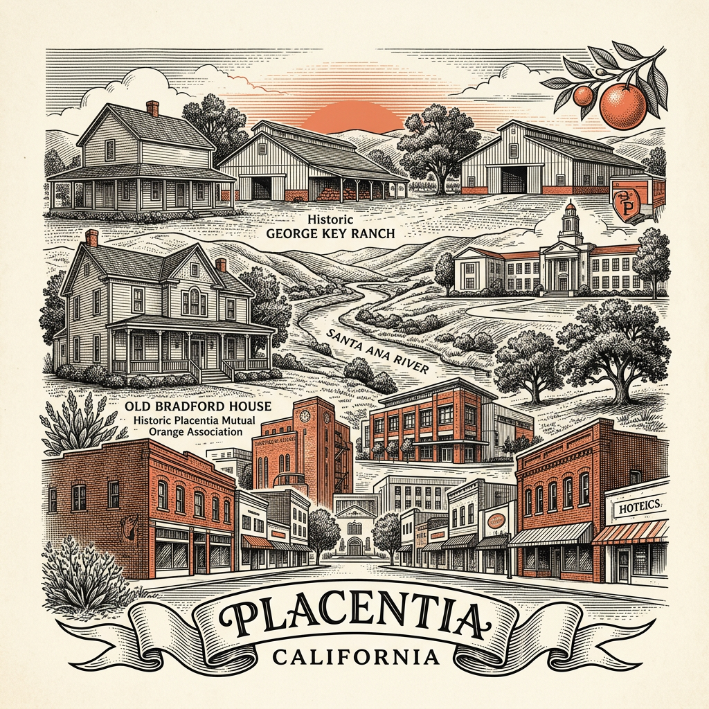 Engraved Placentia CA city illustration – Official Translations certified translation services from $29.95 per page