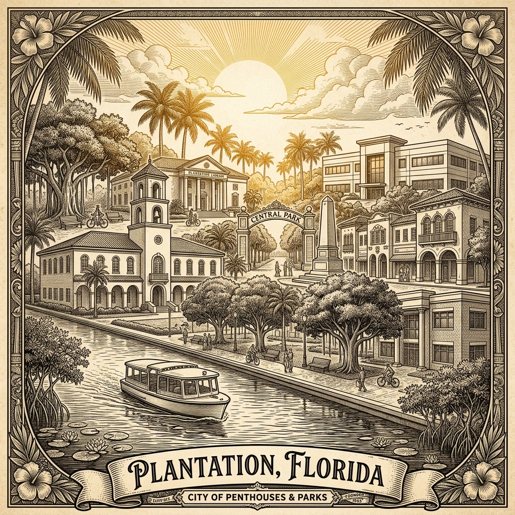 Engraved Plantation FL city illustration – Official Translations certified translation services from $29.95 per page