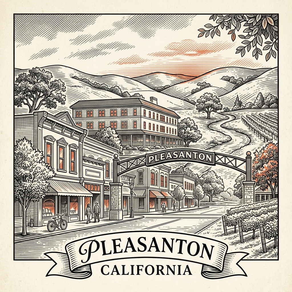 Engraved Pleasanton CA city illustration – Official Translations certified translation services from $29.95 per page
