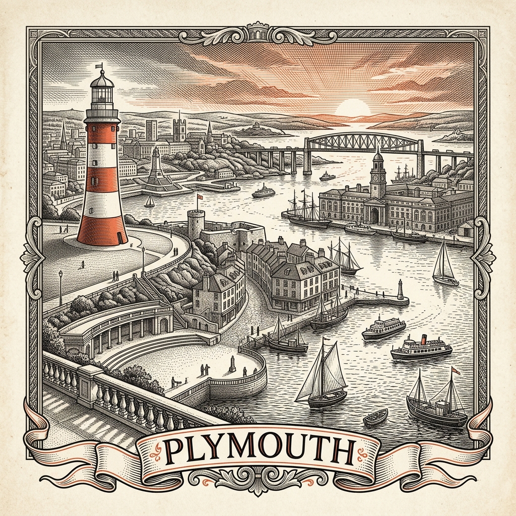 Engraved Plymouth England city illustration – Smeaton's Tower (Plymouth Hoe), Royal William Yard, Mayflower Steps, Plymouth Naval Memorial, Tamar Bridge – Official Translations certified translation services from £29.95 per page