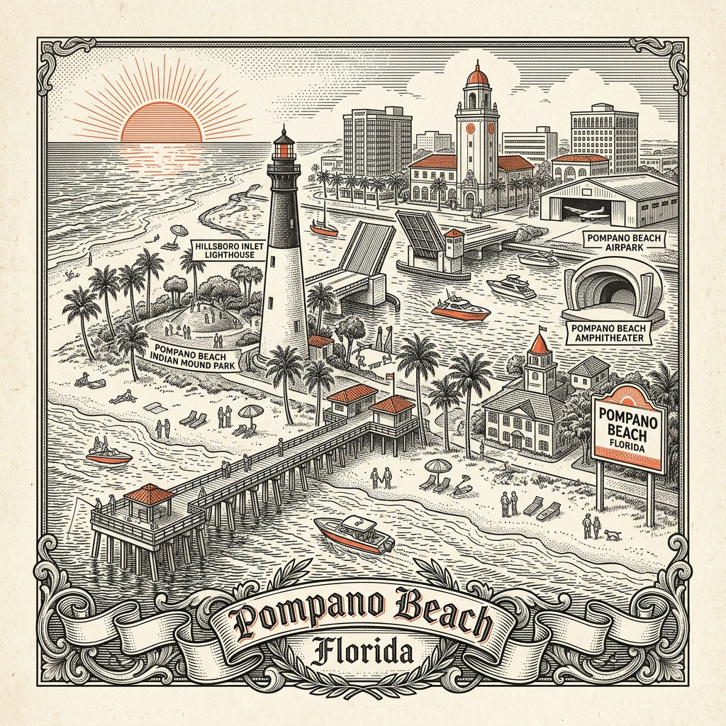 Engraved Pompano Beach FL city illustration – Official Translations certified translation services from $29.95 per page