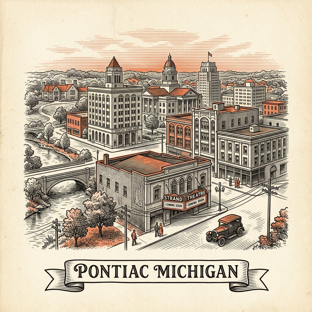 Engraved Pontiac MI city illustration – Official Translations certified translation services from $29.95 per page