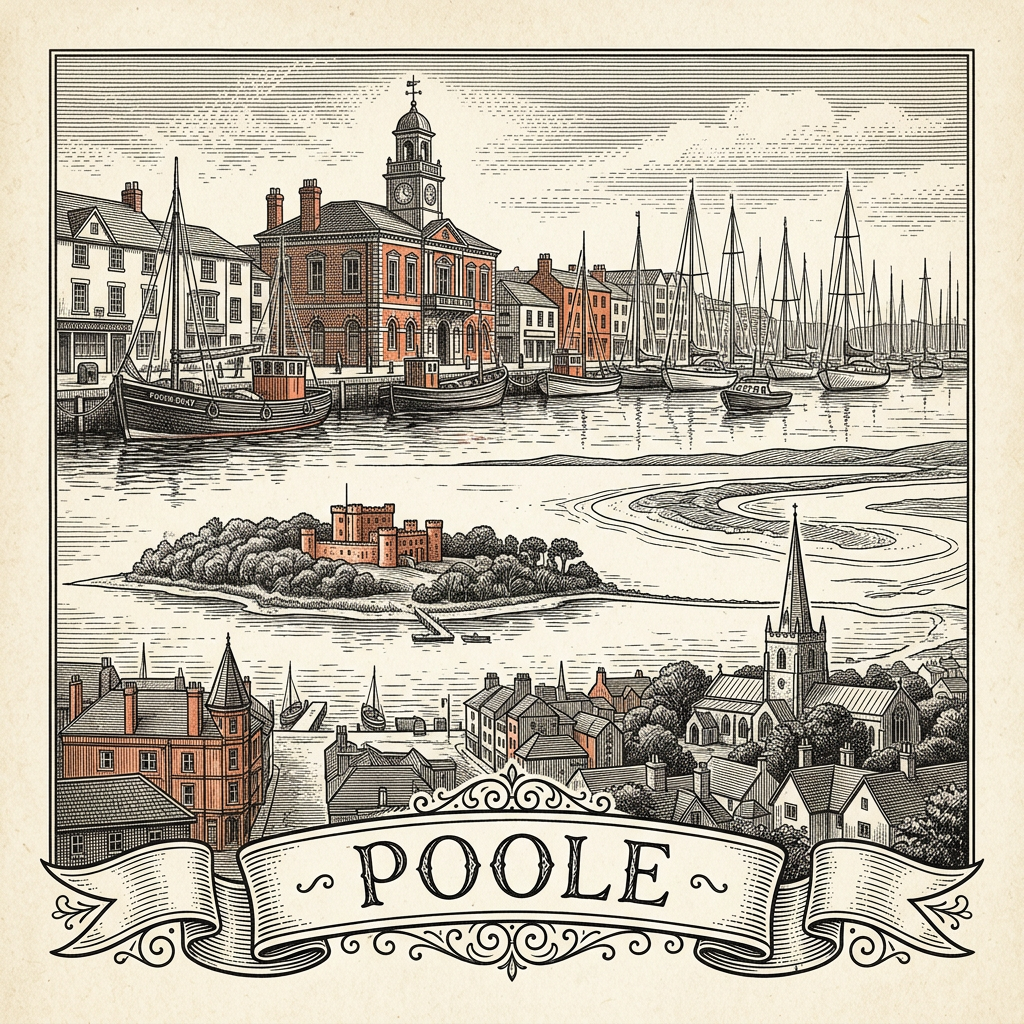 Engraved Poole England city illustration – Poole Harbour, Sandbanks, Brownsea Island, Poole Pottery / Quay, RNLI College – Official Translations certified translation services from £29.95 per page