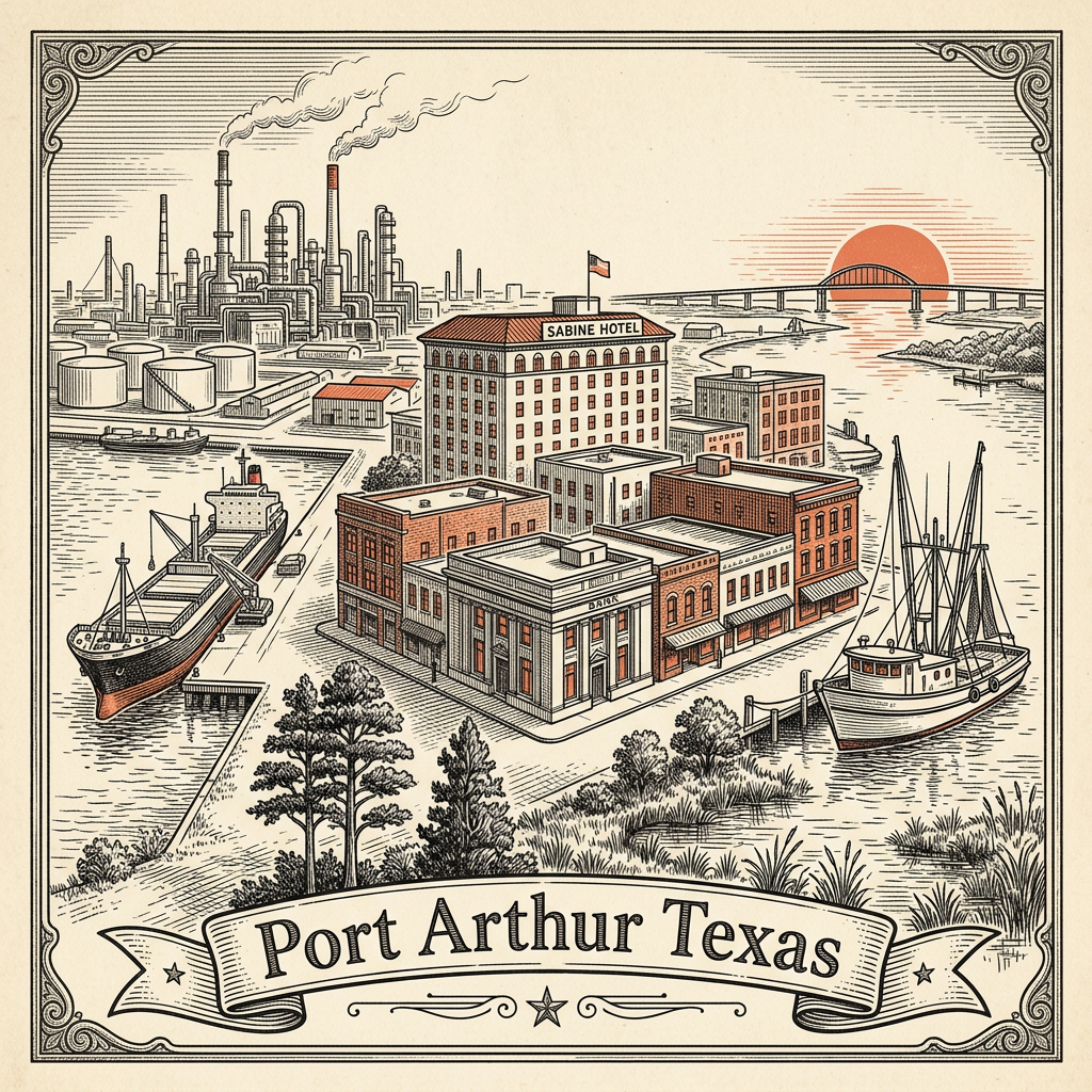 Engraved Port Arthur TX city illustration – Official Translations certified translation services from $29.95 per page