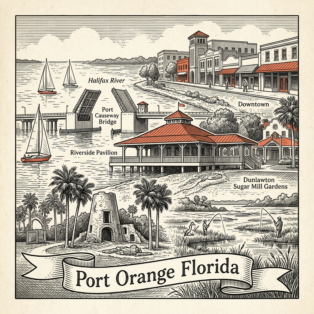 Engraved Port Orange FL city illustration – Official Translations certified translation services from $29.95 per page