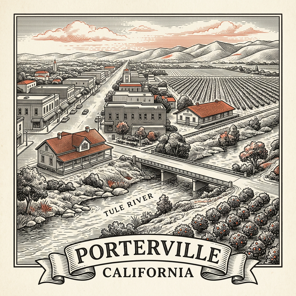 Engraved Porterville CA city illustration – Official Translations certified translation services from $29.95 per page