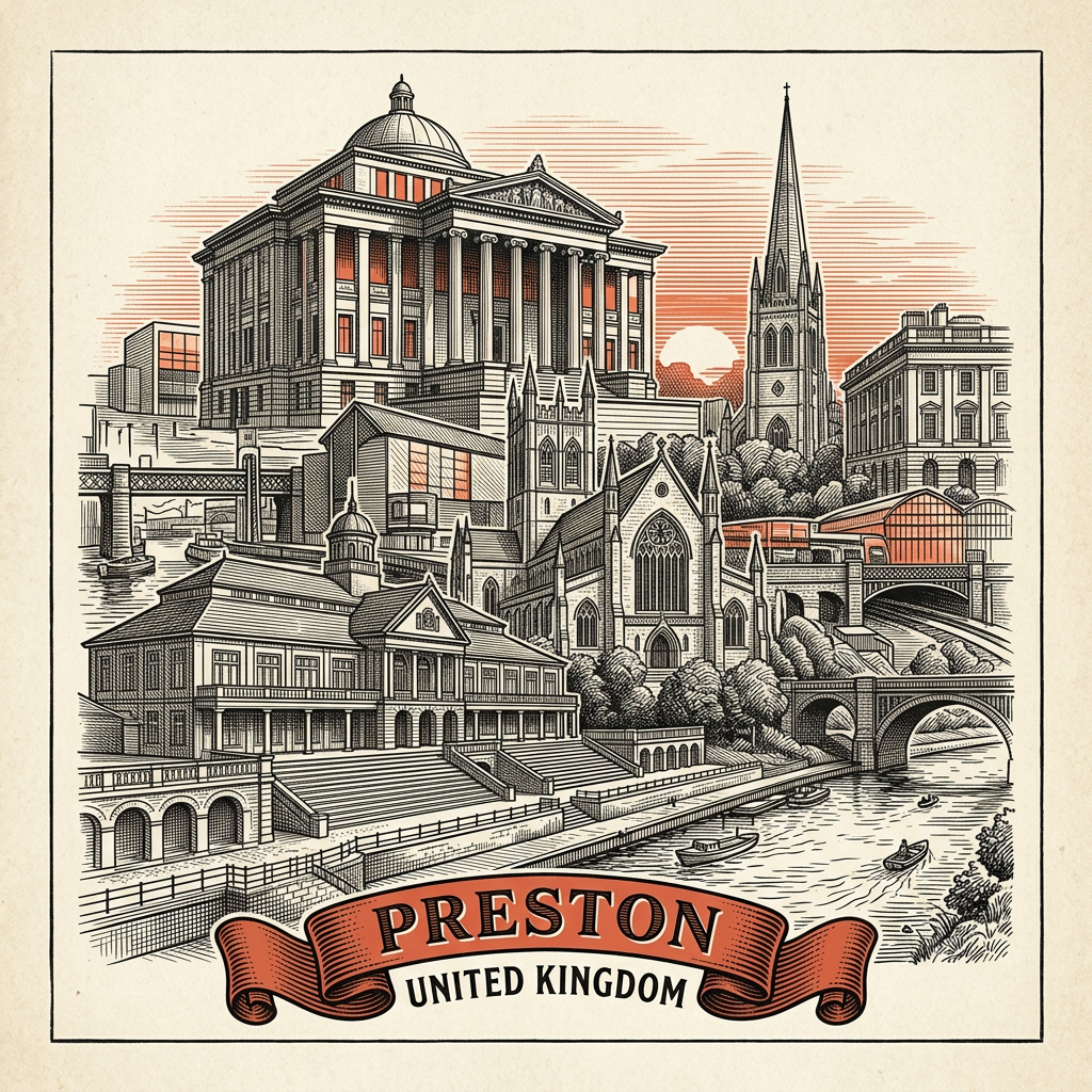 Engraved Preston England city illustration – Preston Bus Station, Harris Museum and Art Gallery, Preston Minster, Avenham Park, Ribble Viaduct – Official Translations certified translation services from £29.95 per page