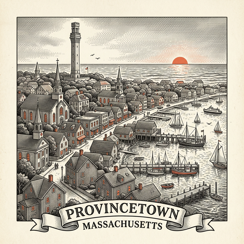 Engraved Provincetown MA city illustration – Official Translations certified translation services from $29.95 per page