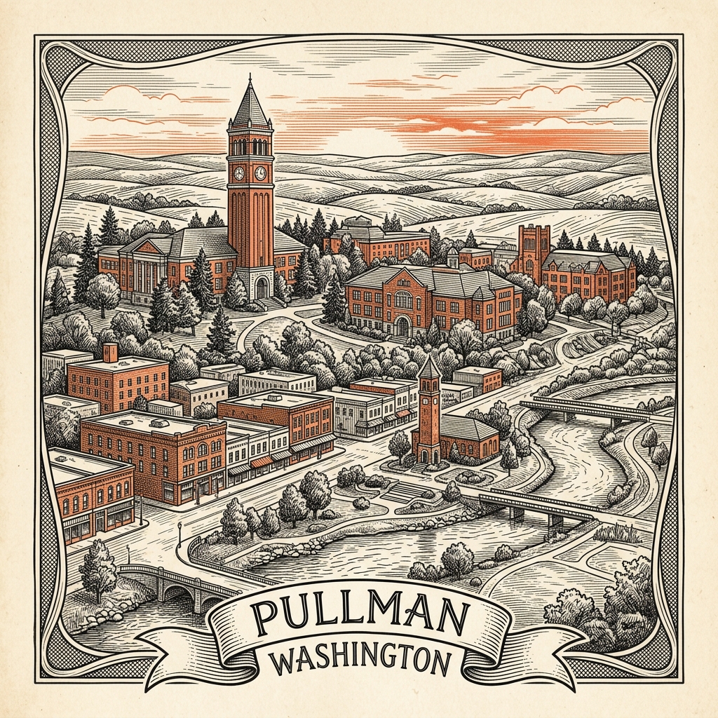 Engraved Pullman WA city illustration – Official Translations certified translation services from $29.95 per page