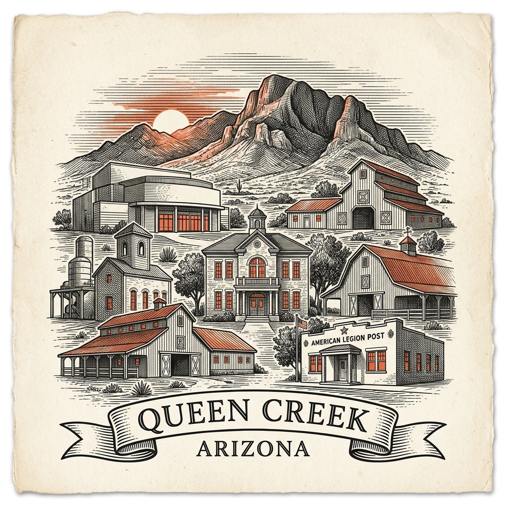 Engraved Queen Creek AZ city illustration – Official Translations certified translation services from $29.95 per page