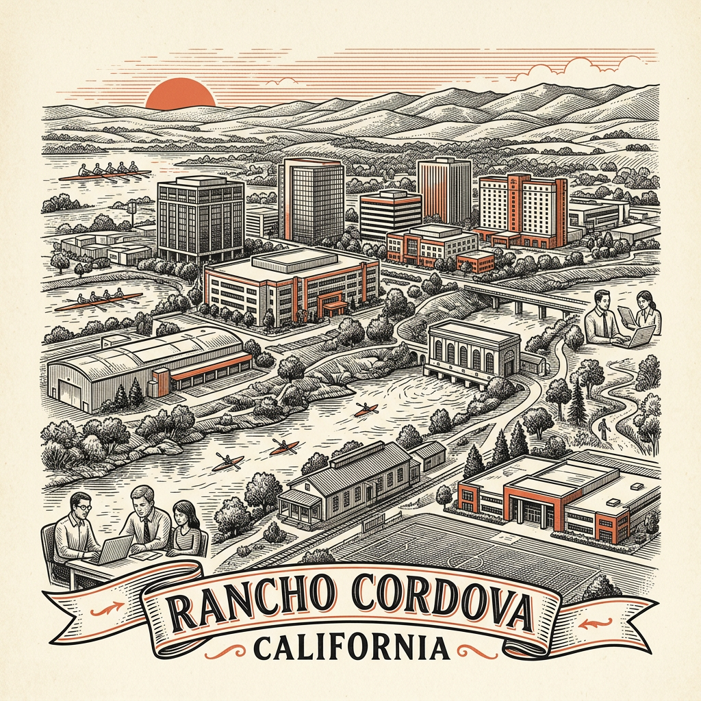 Engraved Rancho Cordova CA city illustration – Official Translations certified translation services from $29.95 per page