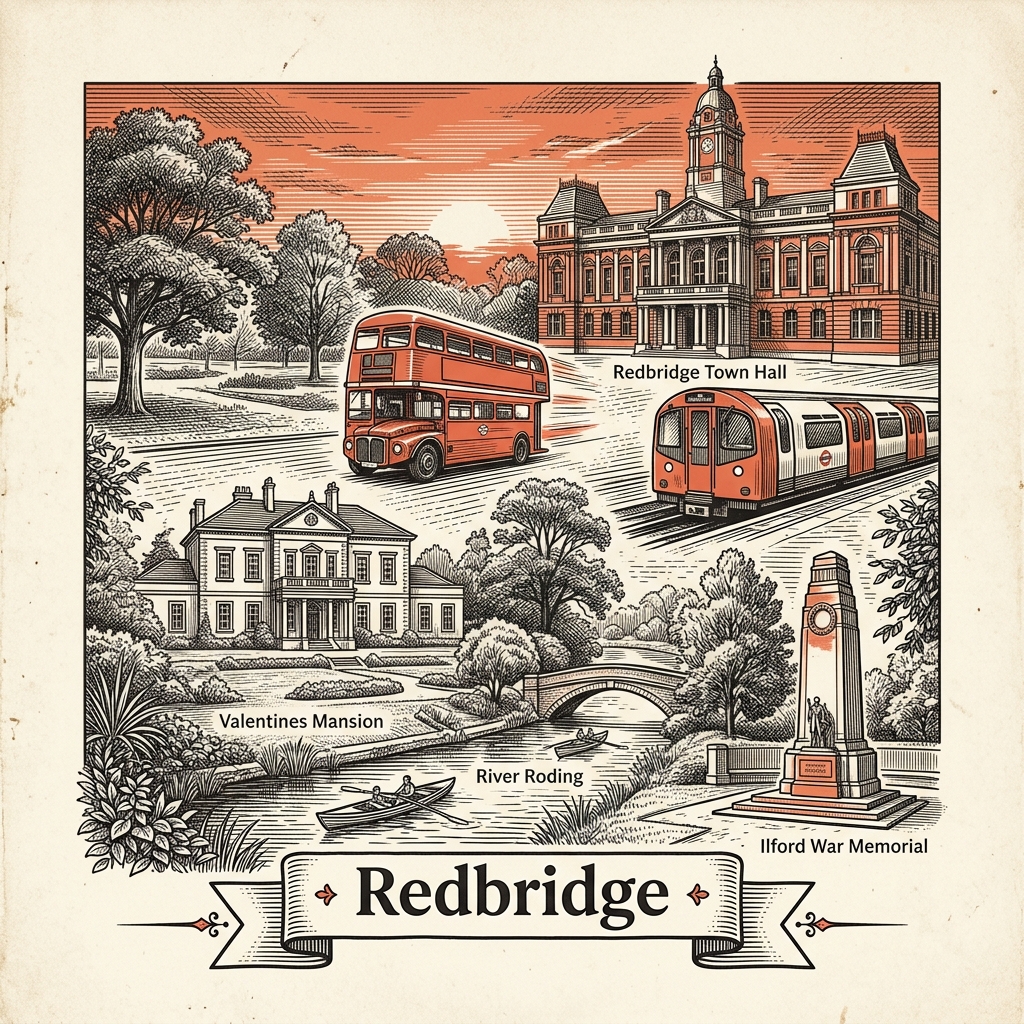 Engraved Redbridge England city illustration – Valentines Mansion and Gardens, Hainault Forest Country Park, Redbridge Town Hall in Ilford, Kenneth More Theatre, Wanstead Park lakes – Official Translations certified translation services from £29.95 per page