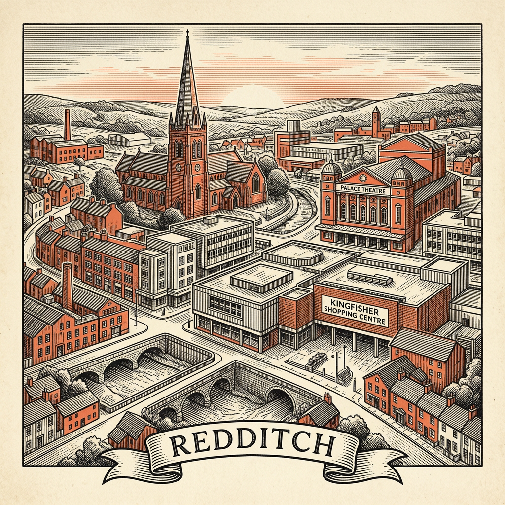 Engraved Redditch England city illustration – Forge Mill Needle Museum, Bordesley Abbey, Arrow Valley Lake, St Stephen's Church, Kingfisher Shopping Centre – Official Translations certified translation services from £29.95 per page
