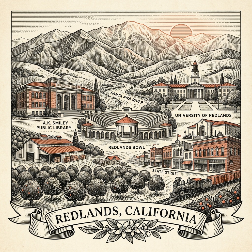 Engraved Redlands CA city illustration – Official Translations certified translation services from $29.95 per page