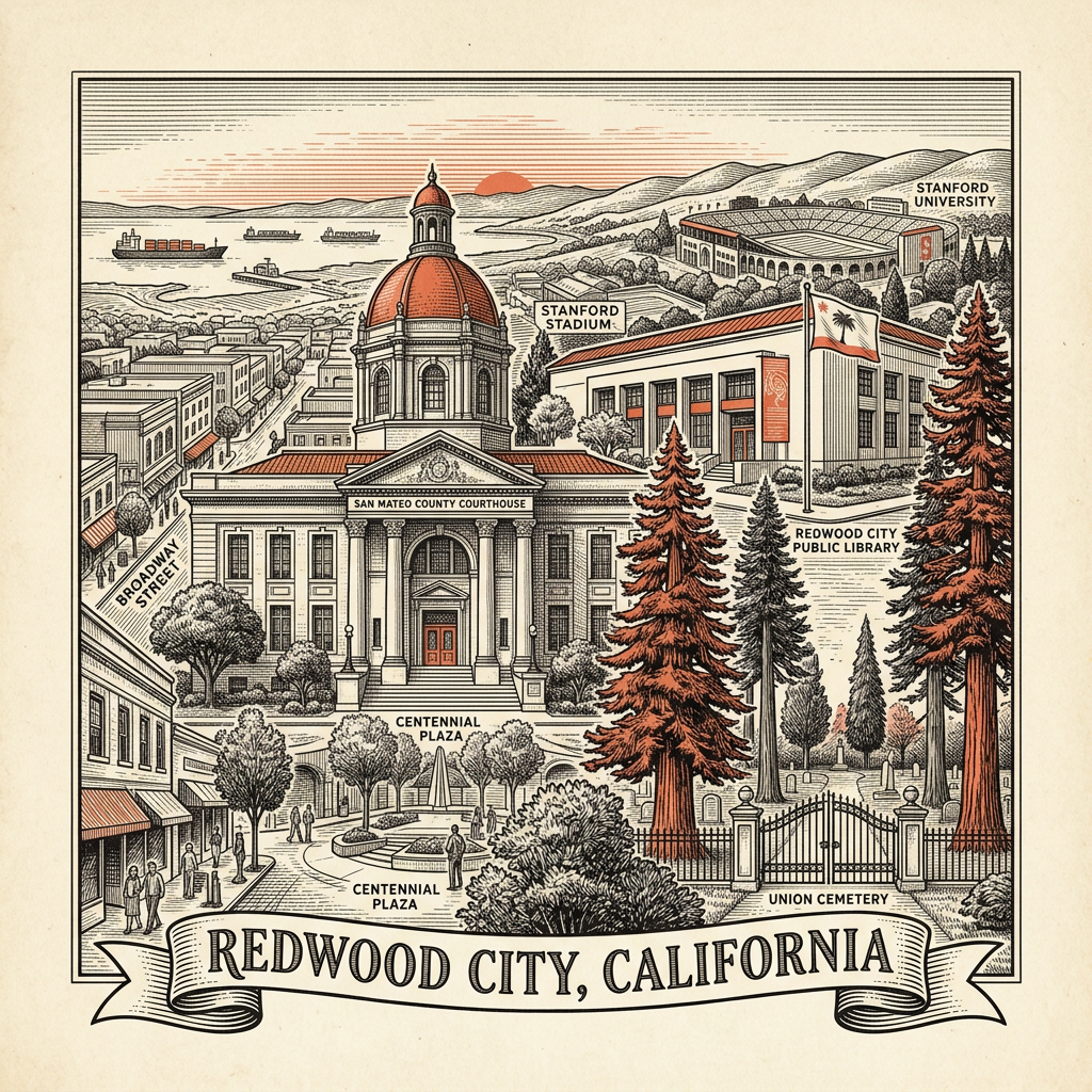 Engraved Redwood City CA city illustration – Official Translations certified translation services from $29.95 per page