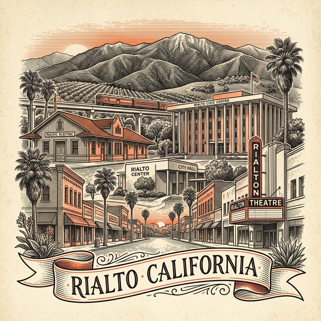 Engraved Rialto CA city illustration – Official Translations certified translation services from $29.95 per page