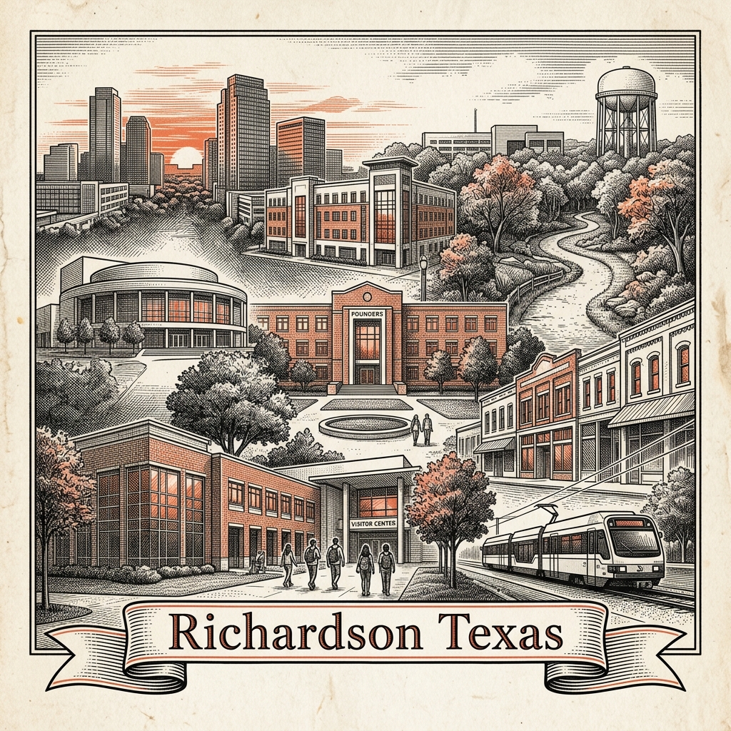 Engraved Richardson TX city illustration – Official Translations certified translation services from $29.95 per page