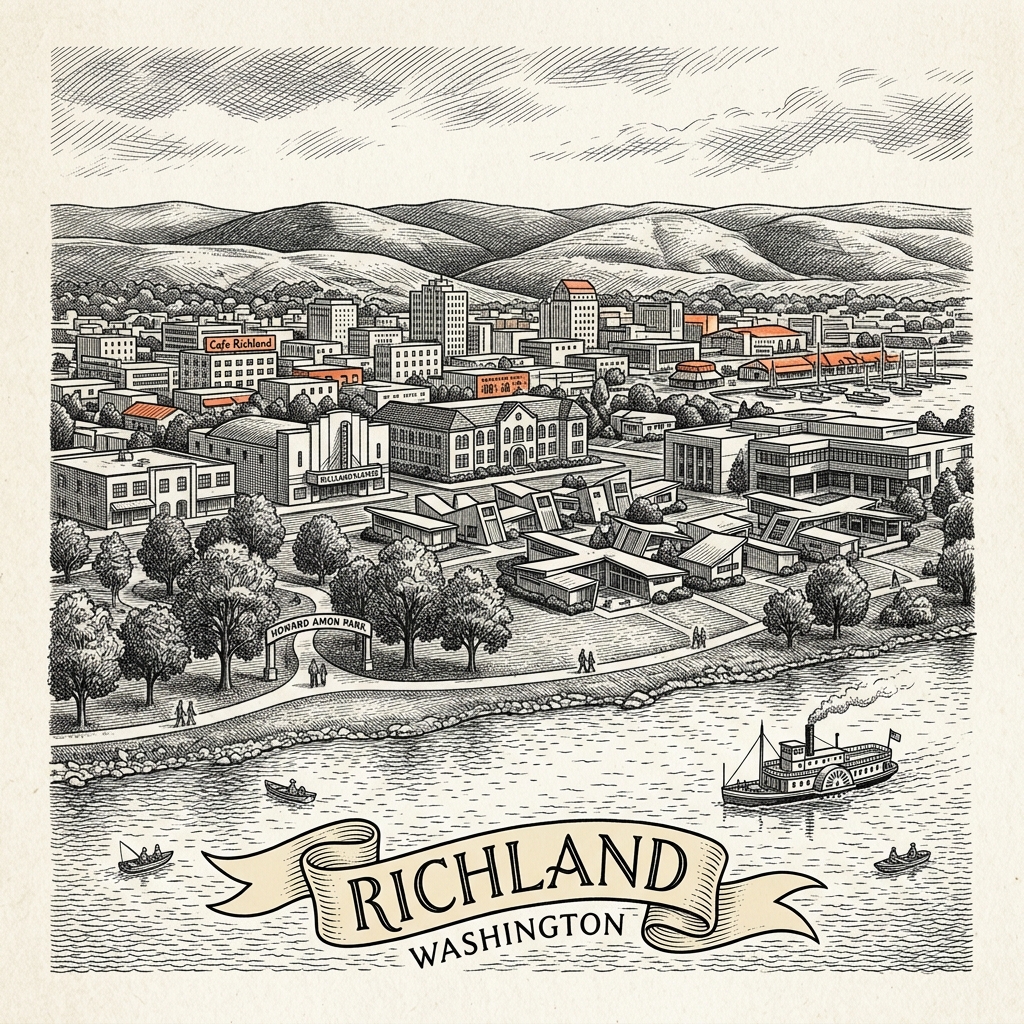 Engraved Richland WA city illustration – Official Translations certified translation services from $29.95 per page