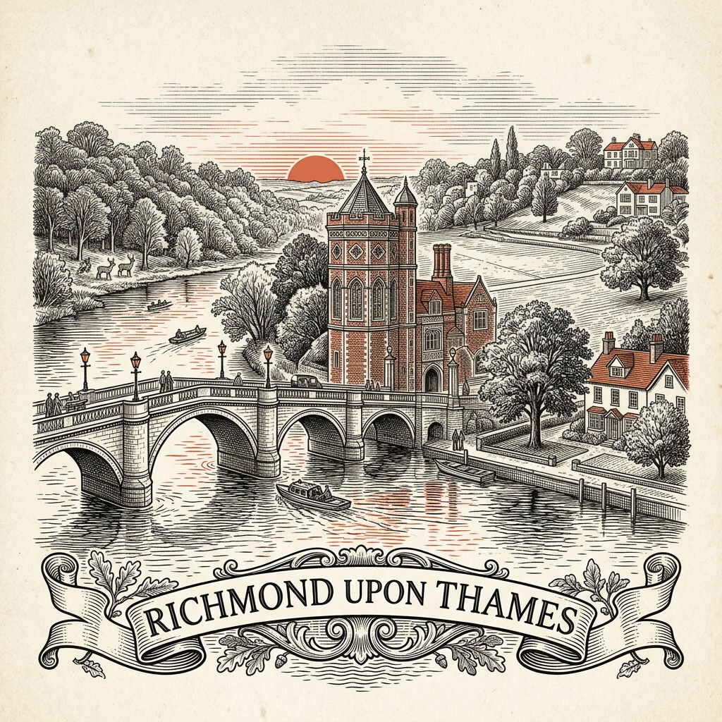 Engraved Richmond upon Thames England city illustration – Twickenham Stadium home of England Rugby, Richmond Park red deer, Kew Gardens Palm House, Hampton Court Palace, Richmond Bridge – Official Translations certified translation services from £29.95 per page