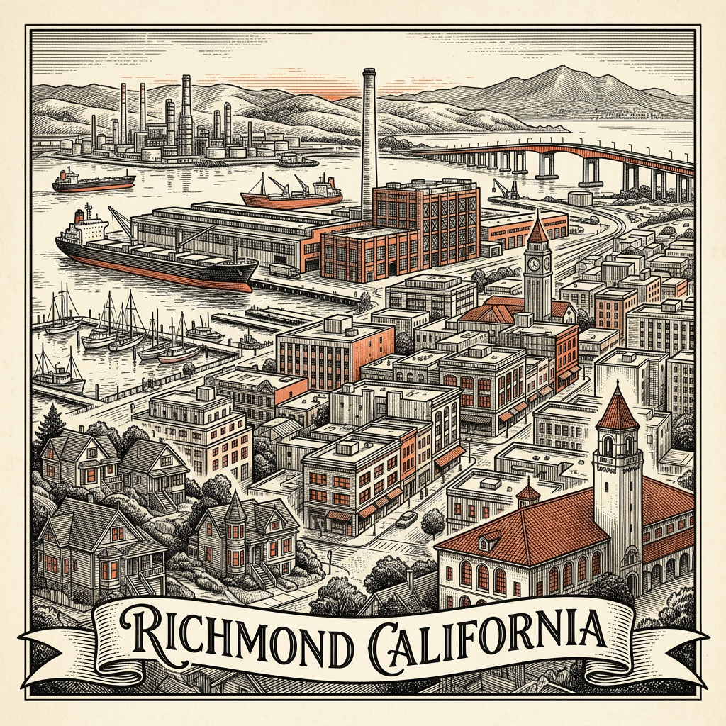 Engraved Richmond CA city illustration – Official Translations certified translation services from $29.95 per page