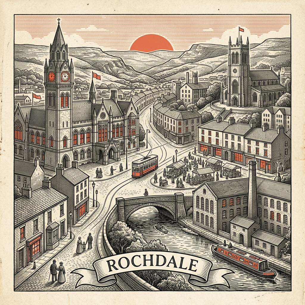 Engraved Rochdale England city illustration – Rochdale Town Hall, Pioneers Museum, St Chad's Parish Church, Rochdale Canal, Touchstones Cultural Centre – Official Translations certified translation services from £29.95 per page