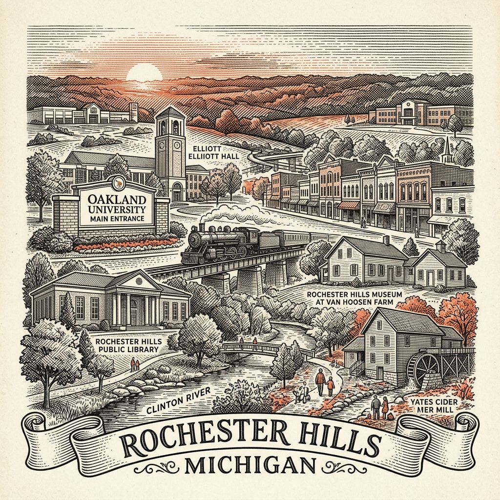 Engraved Rochester Hills MI city illustration – Official Translations certified translation services from $29.95 per page