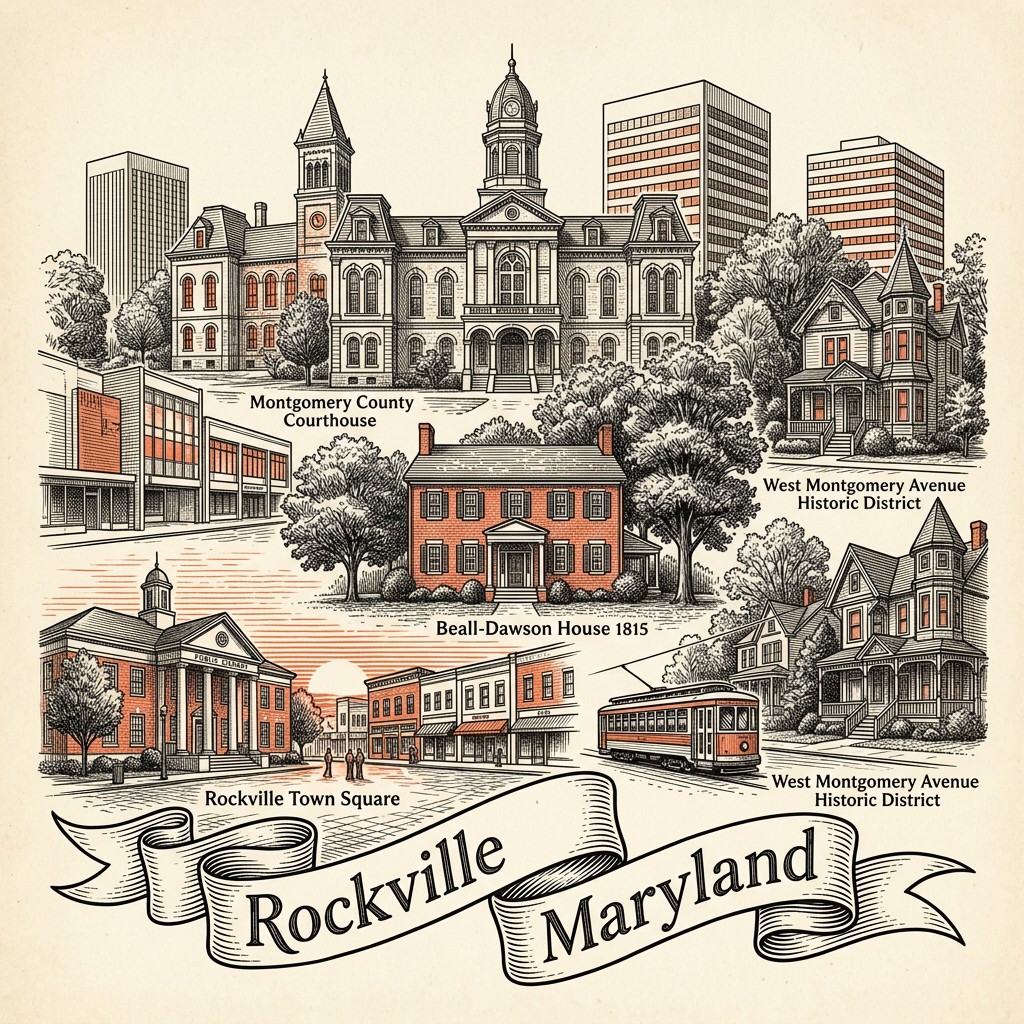 Engraved Rockville MD city illustration – Official Translations certified translation services from $29.95 per page