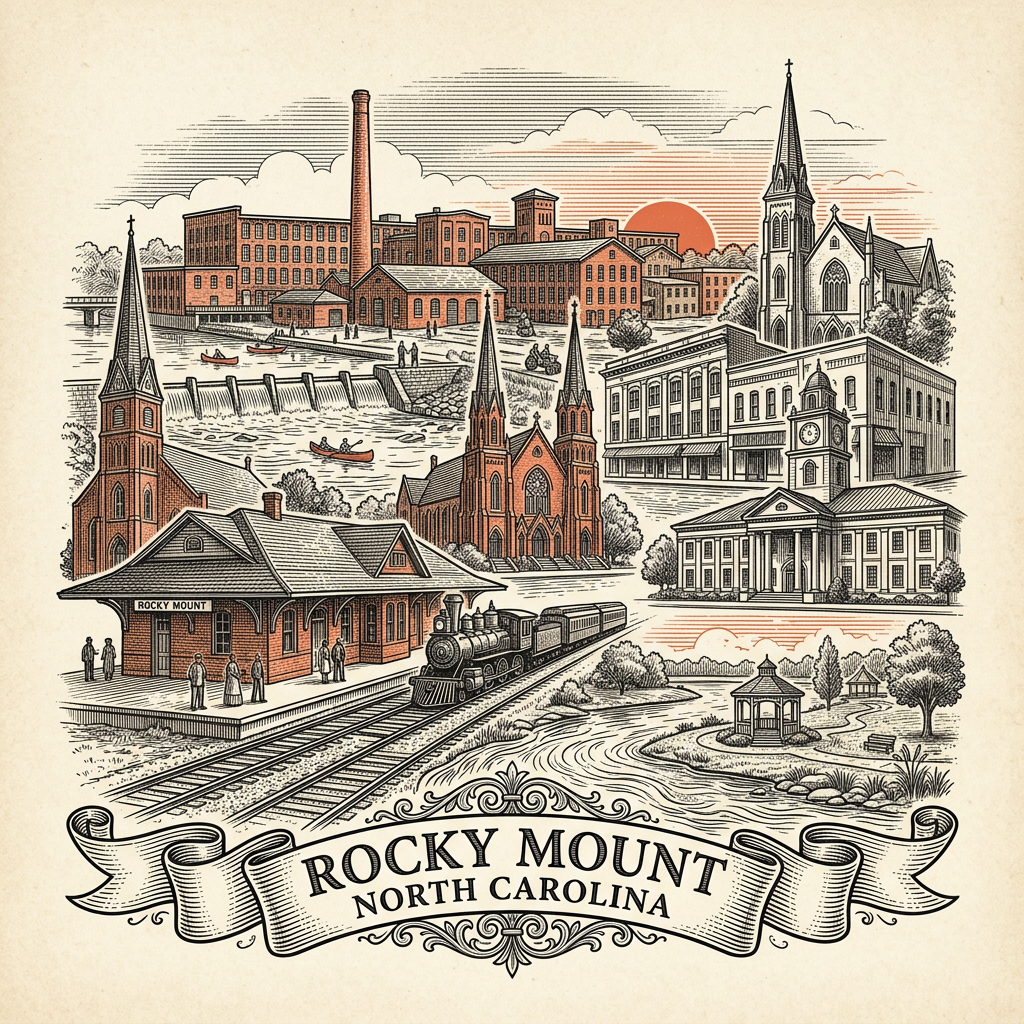 Engraved Rocky Mount NC city illustration – Official Translations certified translation services from $29.95 per page