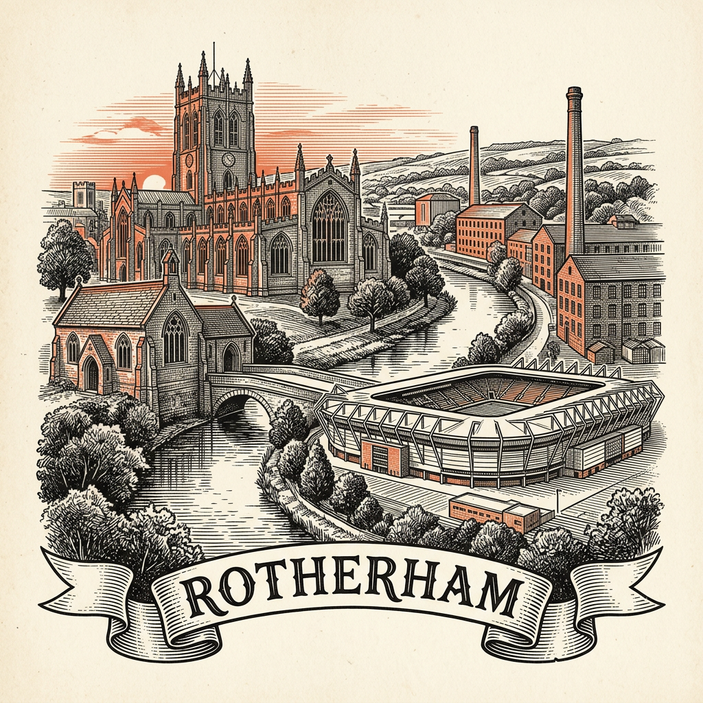 Engraved Rotherham England city illustration – Rotherham Minster (All Saints'), Chapel on the Bridge, Clifton Park Museum, Magna Science Adventure Centre, Wentworth Woodhouse – Official Translations certified translation services from £29.95 per page