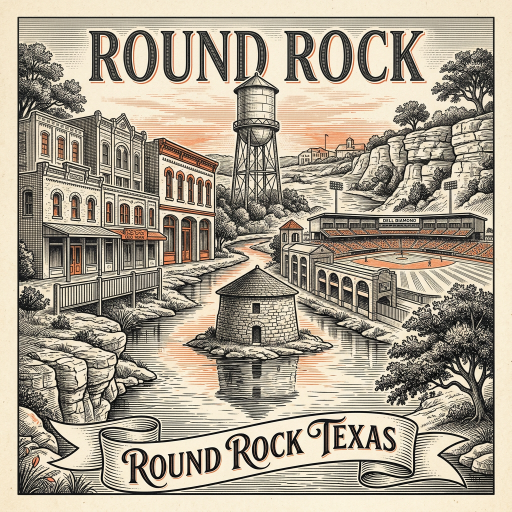 Engraved Round Rock TX city illustration – Official Translations certified translation services from $29.95 per page