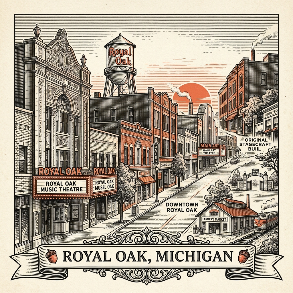 Engraved Royal Oak MI city illustration – Official Translations certified translation services from $29.95 per page