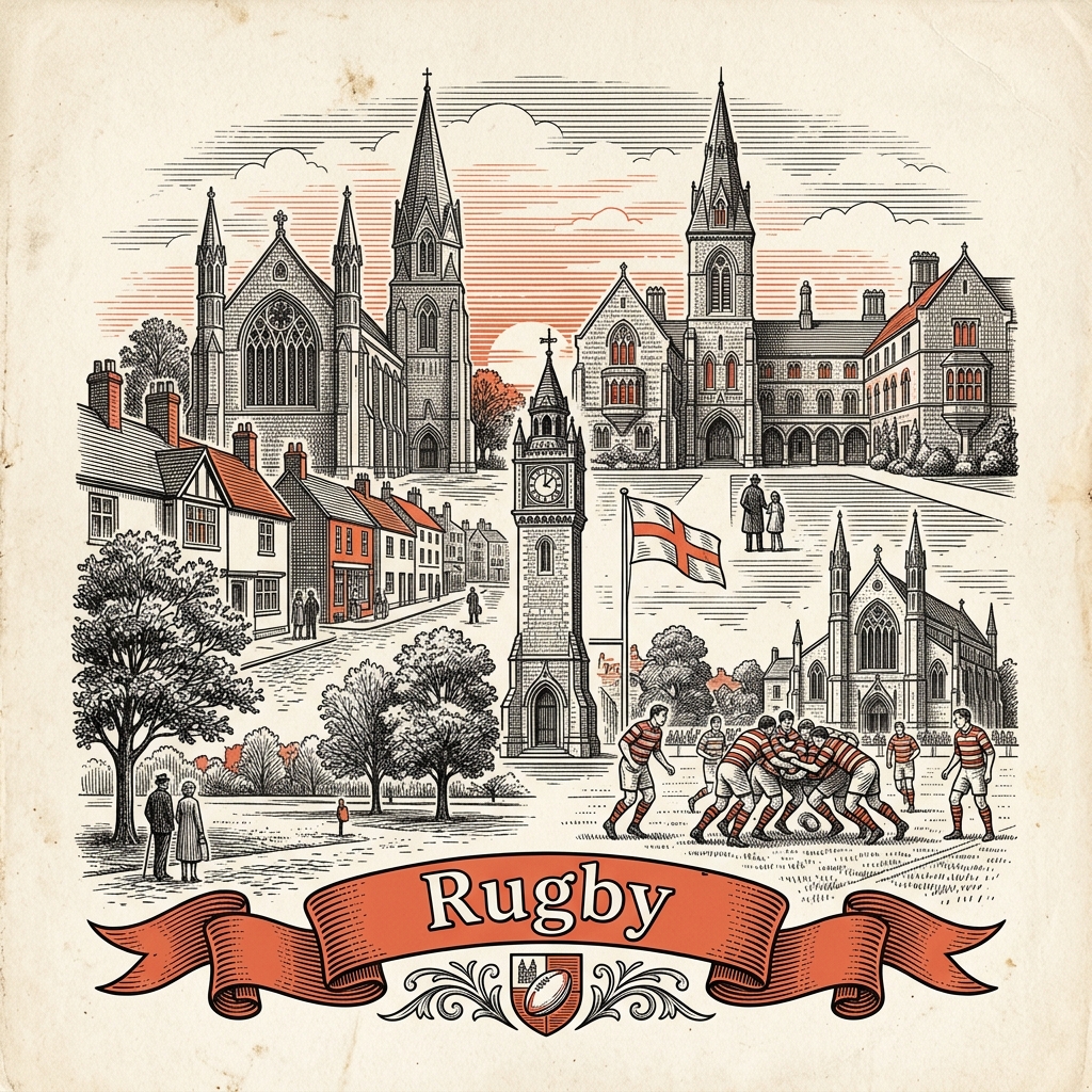 Engraved Rugby England city illustration – Rugby School, William Webb Ellis statue, Rugby Clock Tower, St Andrew's Church, Hillmorton Radio Masts – Official Translations certified translation services from £29.95 per page