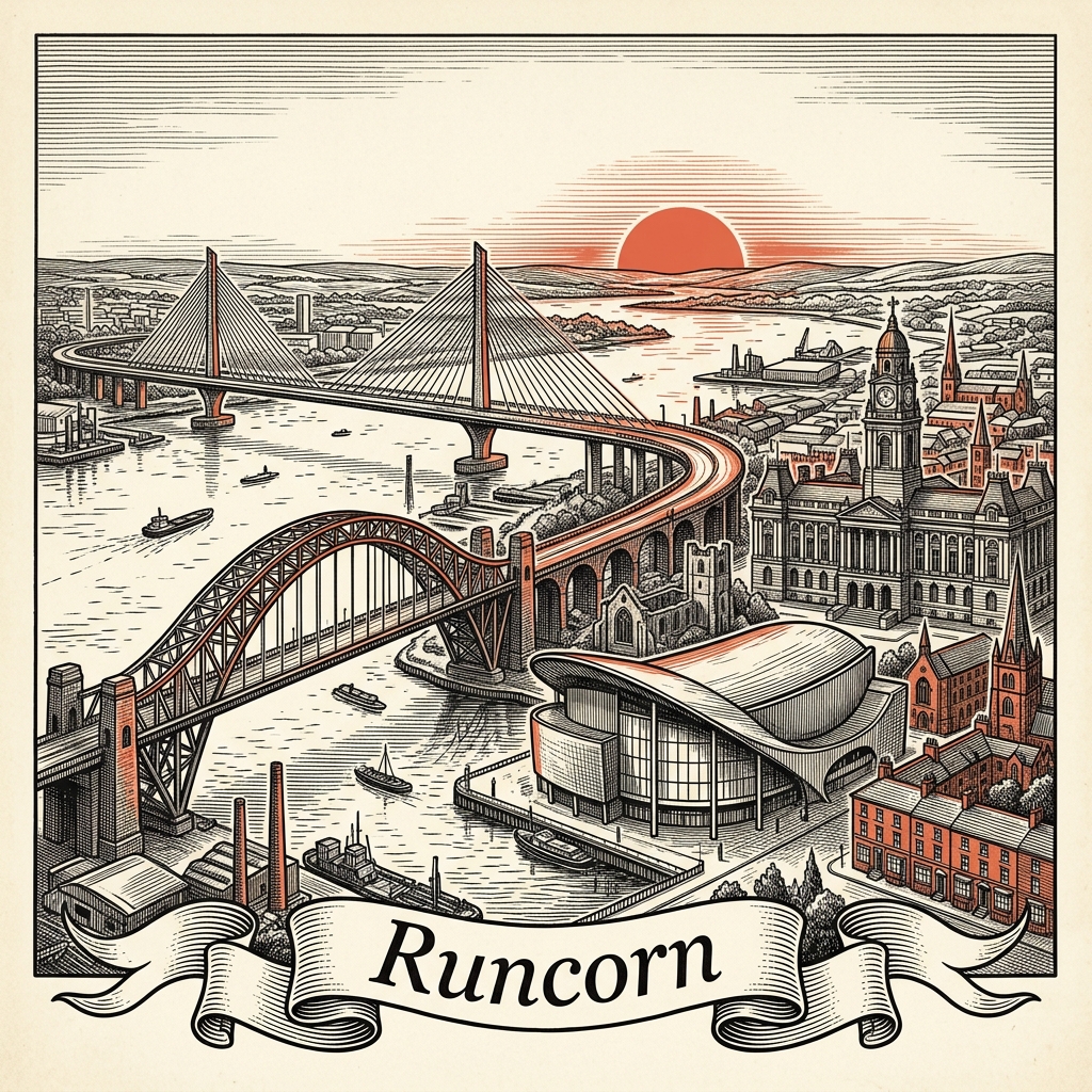 Engraved Runcorn England city illustration – Silver Jubilee Bridge and Mersey Gateway, Norton Priory ruins, Runcorn Hill Park, Halton Castle, Runcorn waterfront – Official Translations certified translation services from £29.95 per page